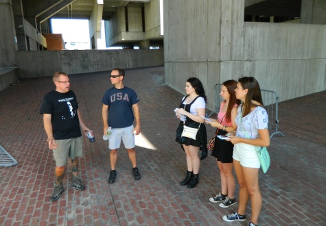 Boston Calling Music Festival founders Mike Snow (left) and Brian Appel are interviewed by Raider Times reporters at Boston City Hall as their fourth weekend music festival takes shape. (Sept. 3, 2014)
