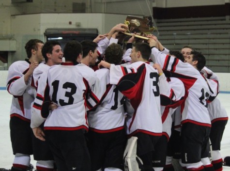The Watertown High boys' hockey team gathers around the trophy given to the Division 3 North champions after the Raiders' 2-1 victory over Bedford at Chelmsford Arena in Billerica on Friday, March 6, 2015. 
