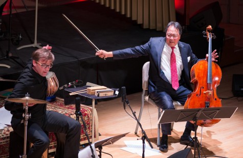 Percussionist Joseph Gramley (left) and cellist Yo-Yo Ma perform as part of a concert given by the Silk Road Ensemble at Symphony Hall in Boston on March 4, 2015. 