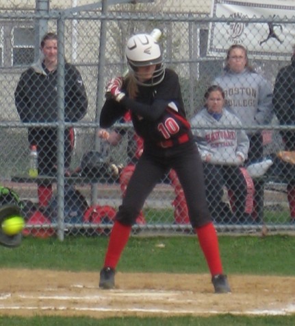 Dana Hammerle bats during a recent Watertown High softball home game at the Mount Auburn Street field outside Hosmer Elementary. Hammerle is one of four seniors on this year's WHS team.