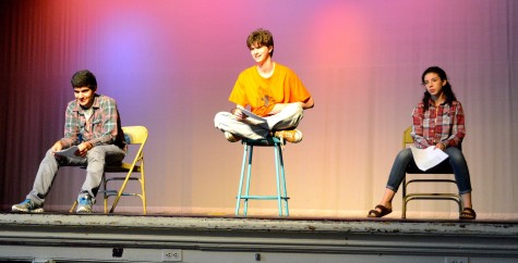 Cris Patvakanian (left), Tristan Underwood (center), and Zoe Grodsky rehearse “All In The Timing”. The show will be performed at Watertown High School on Nov. 5-6 at 7:30 p.m.