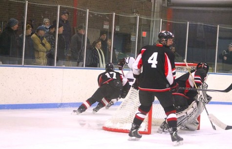 Barry Dunn (4) and the crowd at Skip Viglirolo Skating Rink follow the action in the Watertown end near goalie Jason Hughes as the Raiders played in Belmont on Jan. 27, 2016.