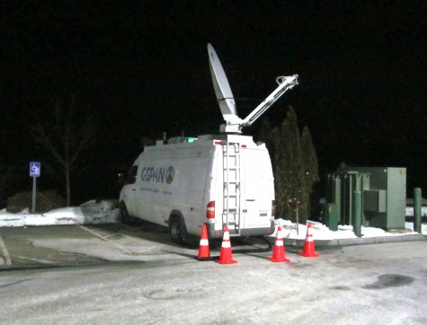 C-Span's satellite truck was the only one broadcasting outside presidential candidate Carly Fiorina party at Derryfield Country Club in Manchester, N.H., on Feb. 9, 2016, following the New Hampshire primary.
