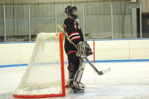 Watertown High goalie Jason Hughes has a moment to himself during the Raiders game against Belmont at Skip Viglirolo Skating Rink on Jan. 27, 2016.