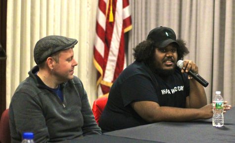 Michael Christmas (right) and Boston Calling Mike Snow address at panel of high school student reporters at the Boston Globe.