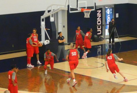 Breanna Stewart (43), Stefanie Dolson (50) and Danielle Robinson (30) are among the US Olympic women's basketball hopefuls running drills during the first day of camp Feb. 21, 2016, on the UConn campus. 