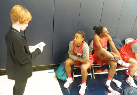 Jewell Loyd answers questions from a student reporter from Watertown, Mass., during the US Olympic women's basketball camp on Feb. 21, 2016, on the UConn campus.