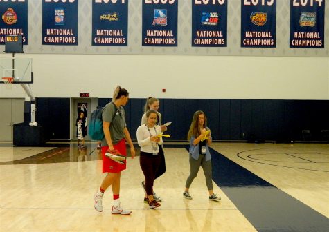 Stefanie Dolson (left) talks with reporters after practice during the US Olympic women's basketball camp at UConn on Feb. 21, 2016.