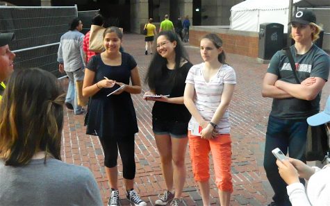 Reporters for Watertown, Mass., interview Mike Snow (far left), organizer of the Boston Calling Music Festival on City Hall Plaza on Thursday, May 26, 2016. Snow was in the middle of his final preparations for the opening of the three-day festival, which was to open Friday night, May 26.