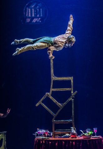 Upside Down World is one of the many extraordinary acts in Cirque du Soleil's "Kurios: Cabinet of Curiosities," playing through July 10, 2016, at Suffolk Downs in East Boston.  