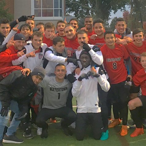 The Watertown High boys' soccer team -- the 2016 Middlesex League Freedom Division champs -- pose after defeating Wakefield to finish the regular season.