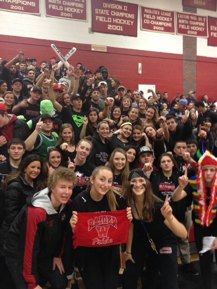 Fans of the Watertown High boys basketball enjoy the Raiders 79-45 victory over visiting Saugus on Friday night, Feb. 28, 2014.