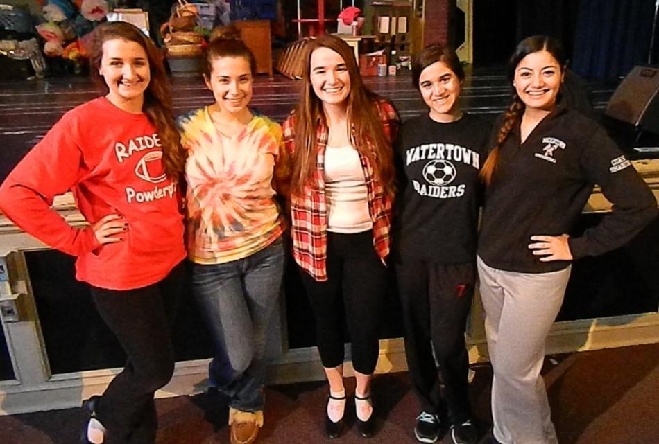 Mary Breen (center), who plays Elle Woods in the upcoming production of “Legally Blonde: The Musical,” poses with fellow WHS seniors (from left) Sarah Gallant, Kara Macri, Christina Mazzeo, and Shannon Cafua. 