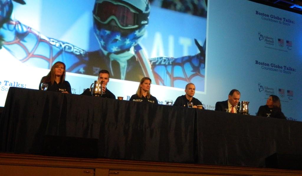 Among those participating in the Countdown to Sochi panel discussion were (from left) Picabo Street, Chris Klug, Angela Ruggerio, Patrick Meek, Charlie Huebner, and Lisa Baird. The event was part of the Boston Globe Talks series and was sponsored in part by Liberty Mutual Insurance, and held at the Park Plaza Hotel in Boston on Jan. 10, 2014.