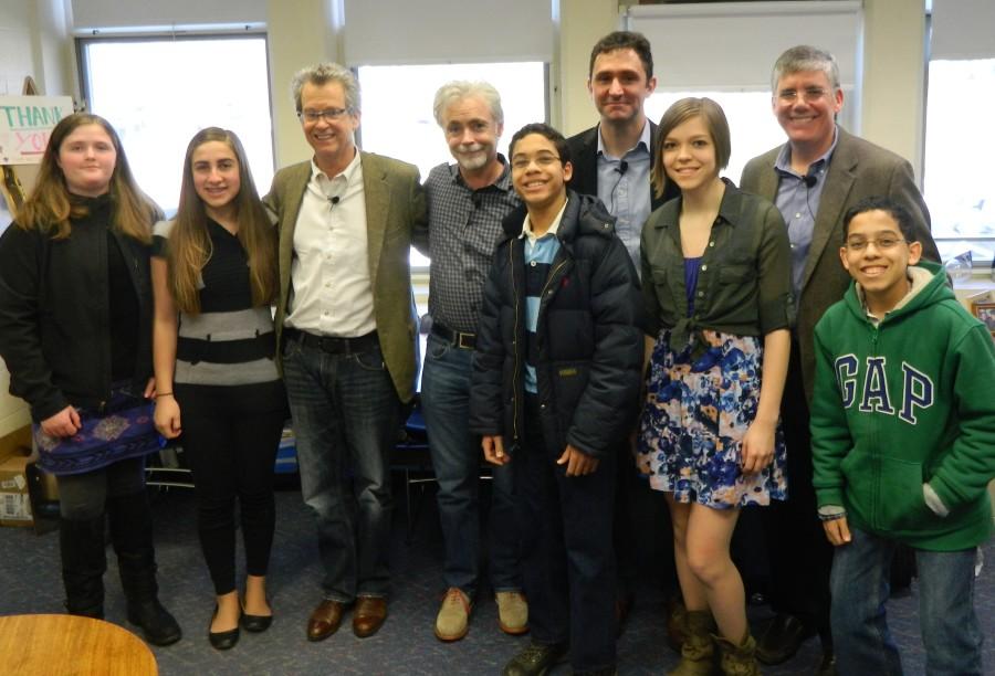 Authors (back row, right to left), Rick Riordan, Jonathan Stroud, Eoin Colfer,and Ridley Pearson pose with student reporters from the Watertown Public Schools at the one-time-only Mega-Awesome Adventure showcase at Dana Hall in Wellesley on April 6, 2014.