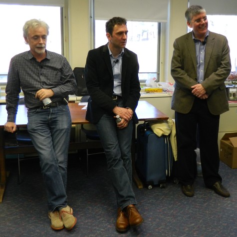 Eoin Colfer, Jonathan Stroud, and Rick Riordan (left to right) talk with student reporters from the Watertown Public Schools at the one-time-only "Mega-Awesome Adventure" authors showcase at Dana Hall in Wellesley on April 6, 2014.