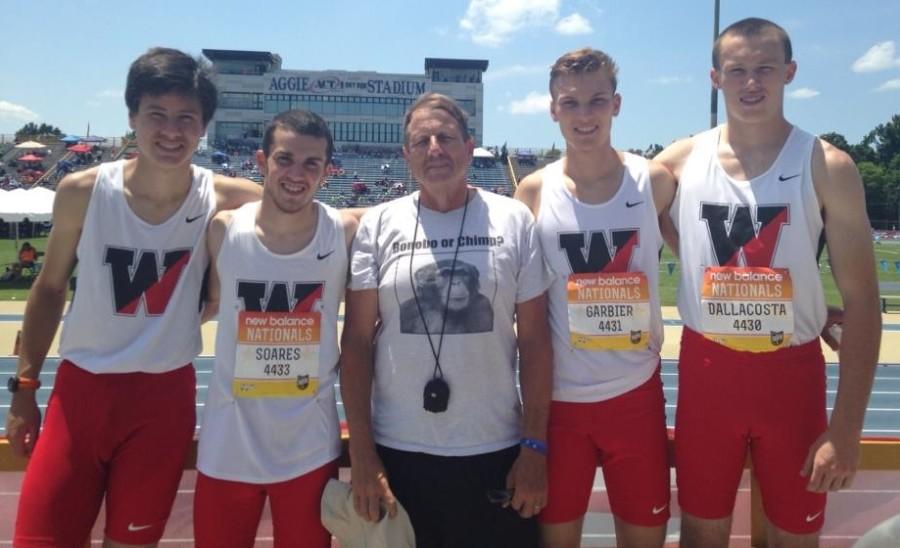 Austin Lin, Nick Soares, coach Tom Wittenhagen, James Garbier, and Brian DallaCosta were among those representing Watertown High at the New Balance Outdoor Nationals in Greensboro, N.C., over the weekend. 