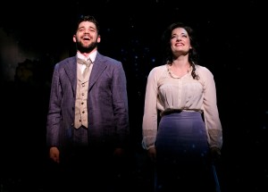 J. M. Barrie (played by Jeremy Jordan) and Sylvia Llewelyn Davies (Laura Michelle Kelly) have a musical moment in Finding Neverland at the American Repertory Theater in Cambridge through Sept. 28, 2014.