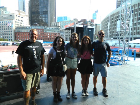 Boston Calling Music Festival founders Mike Snow (left) and Brian Appel (right) pose with Raider Times reporters from the front of the JetBlue stage where The National, Childish Gambino, and Nas and The Roots will be performing this weekend. (Sept. 3, 2014)
