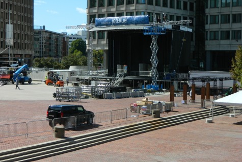 Workers set up the JetBlue stage, one of two on City Hall Plaza for this weekend's Boston Calling Music Festival. (Sept. 3, 2014)