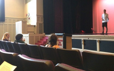 Nareg Kalaydjian (on stage) jokes with director Beth Peters (left) and fellow students before auditioning for "Our Town" on Sept. 15, 2014. Watertown High School's fall play will be performed on Friday, Oct. 24, and Saturday, Oct. 25.