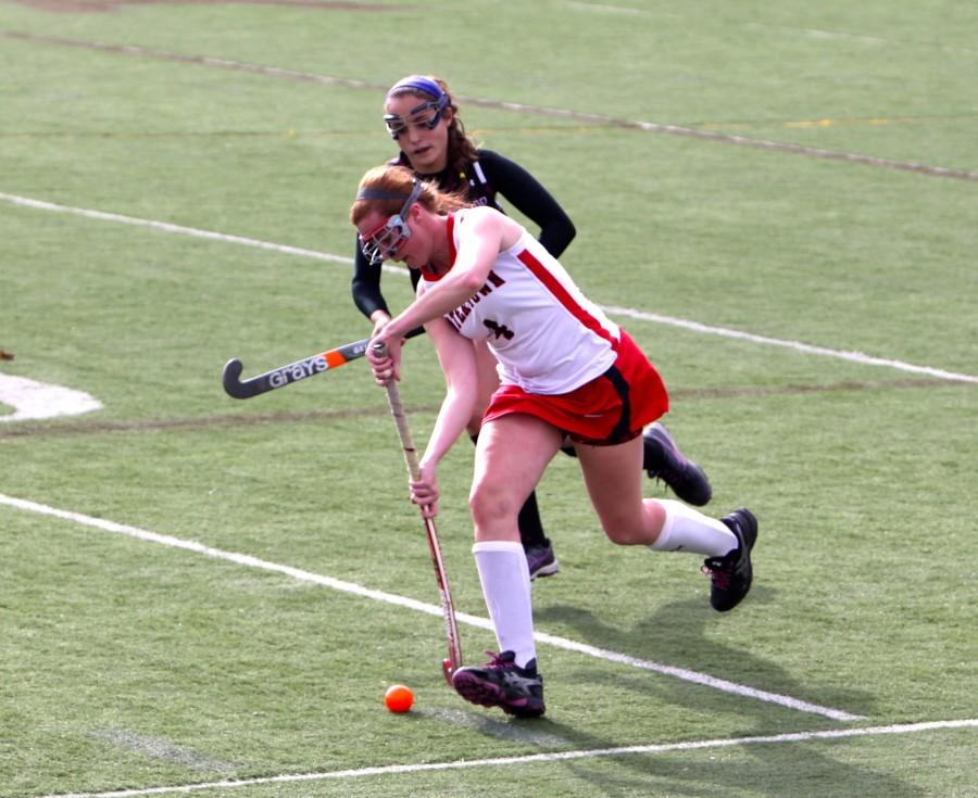 Watertowns Ally McCall heads upfield during the Div. 2 North sectional field hockey against Weston on Nov. 9, 2014. Watertown won, 2-0, to advance to the state semifinal on Tuesday, Nov. 11, 2014.