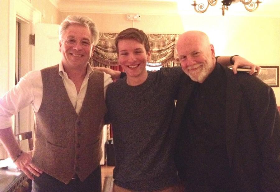 Trumpeter Håkan Hardenberger (left) and composer Brett Dean (right) with a reporter from the Raider Times at Boston Symphony Orchestra on Nov. 15, 2014.