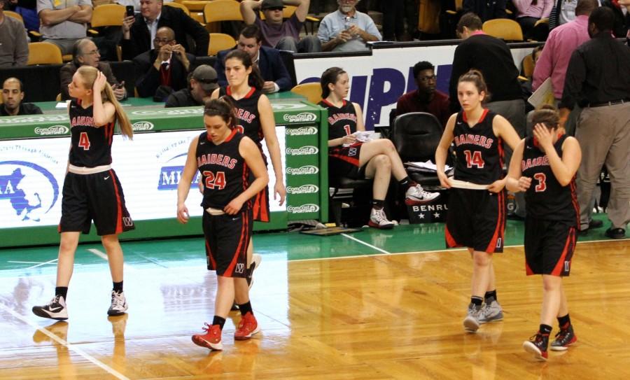 The first visit to the TD Garden parquet for the Watertown girls basketball team was not a happy occasion, as the Raiders were defeated by Duxbury, 49-30, for the Division 2 EMass title on Tuesday, March 10, 2015.