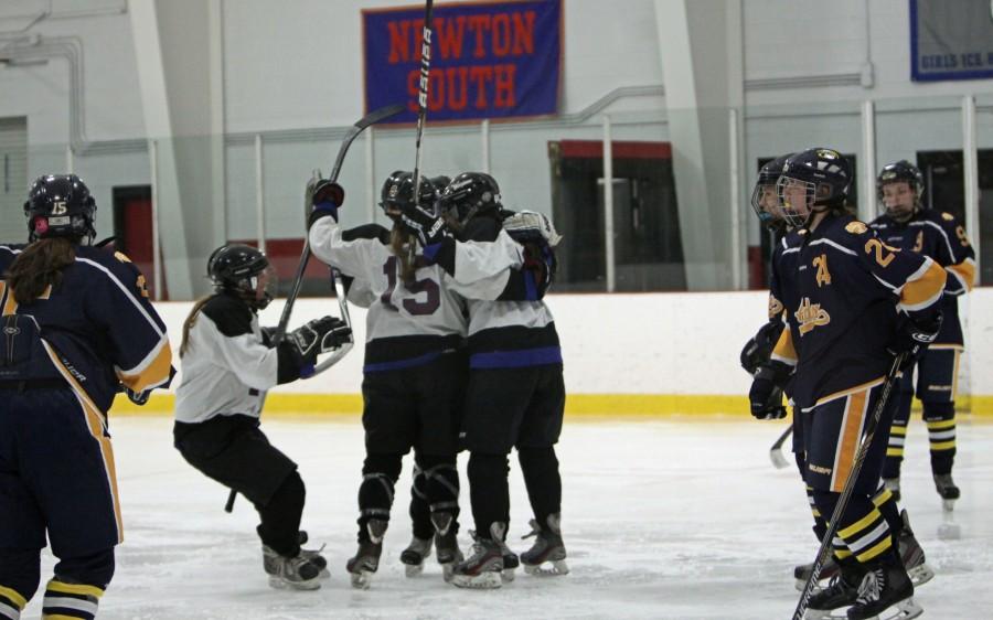 The Watertown/Belmont girls hockey team celebrates after Aurora Fidler scored in the Maraiders 2-1 win over Andover in the MIAA Division 1 state tournament at John A. Ryan Arena in Watertown on Saturday, Feb. 28, 2015.