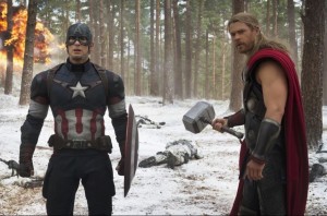 Captain America (Chris Evans) and Thor (Chris Hemsworth)  team up again in Avengers: Age of Ultron.