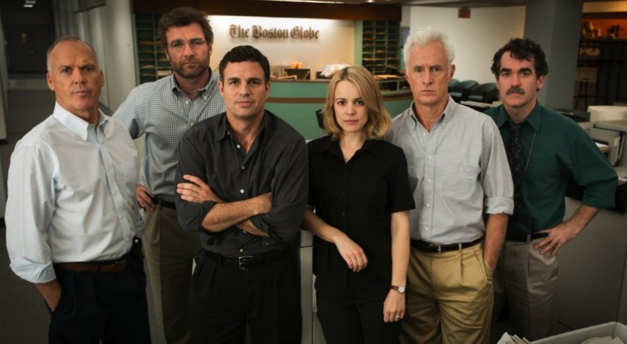 An all-star cast -- (from left) Michael Keaton, Liev Schreiber,Mark Ruffalo, Rachel McAdams, John Slattery, and Brian dArcy James -- portray real Boston Globe investigative reporters in Spotlight.