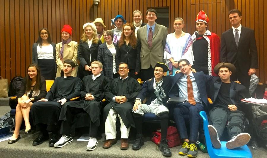 Participants in the annual French Revolution trial put differences aside to pose with Judge Mastro (front row, center) for a group picture in the Watertown High School lecture hall on Jan. 21, 2016.