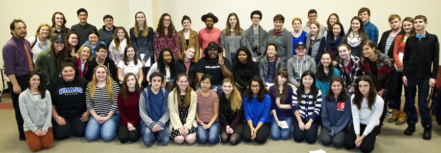 Journalism+students+from+Boston-area+high+schools+pose+with+Michael+Christmas%2C+Mike+Snow%2C+and+Julian+Benbow+at+a+music+panel+at+the+Boston+Globe+on+Feb.+16%2C+2016.