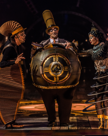 Nico, Mr. Microcosmos, and Klara (left to right) are three of the fascinating characters met during Cirque du Soleil's "Kurios: Cabinet of Curiosities," playing through July 10, 2016, at Suffolk Downs in East Boston.  