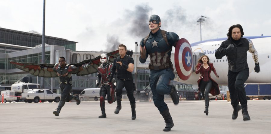In Captain America: Civil War, the Avengers pick sides with Team Cap featuring (from left) Falcon (Anthony Mackie), Ant-Man (Paul Rudd), Hawkeye (Jeremy Renner), Captain America (Chris Evans), Scarlet Witch (Elizabeth Olsen), and Winter Soldier (Sebastian Stan).