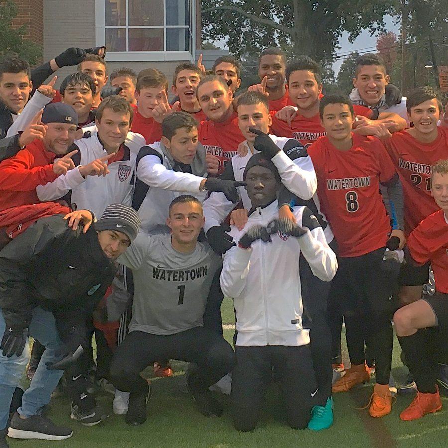 The Watertown High boys soccer team -- the 2016 Middlesex League Freedom Division champs -- pose after defeating Wakefield to finish the regular season.