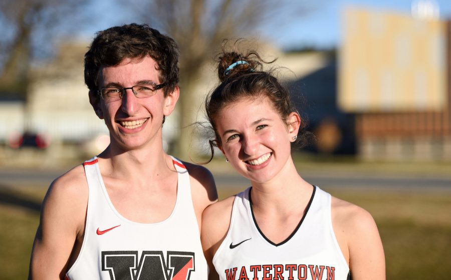 Watertown High senior James Piccirilli (left) and junior Emily Koufos pose at the Division 2 MIAA all-state cross-country meet Nov. 19, 2016, in Gardner. 