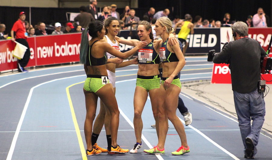 Brenda Martinez, Sydney McLaughlin, Jenny Simpson, and Emma Coburn (from left) celebrate after setting the world record in the distance medley relay during the New Balance Indoor Grand Prix at Reggie Lewis Track Center on Jan. 28, 2017.