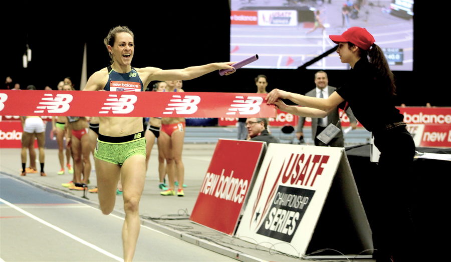 Jenny Simpson completes the mile portion of the distance medley relay for a world record during the New Balance Indoor Grand Prix at Reggie Lewis Track Center on Jan. 28, 2017.