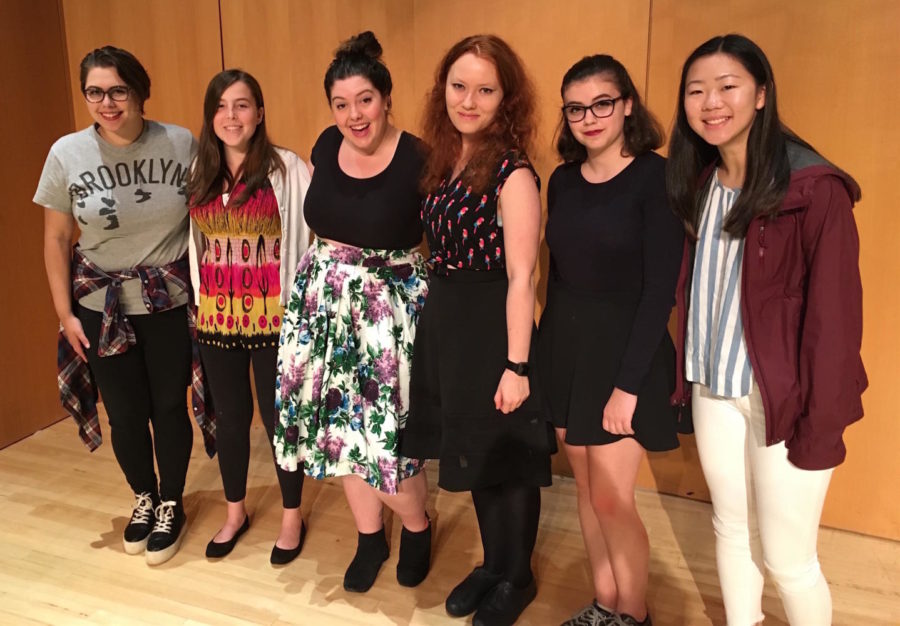 Singer Mary Lambert (third from left) poses with student reporters after a recent interview at Framingham State University. Her 14-city Everybody is a Babe tour will come to Sonia in Cambridge on Nov. 15, 2017.