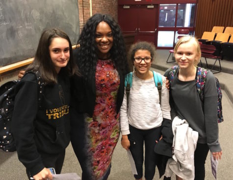 Broadway performer Carrie Compere (second from left), who plays the role of Sofia in the national touring production of The Color Purple, poses with students during a visit to Watertown High School on Oct. 23, 2017. 
