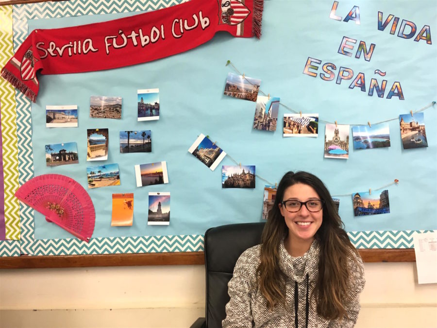 Hallie Lutz sits in her new Spanish classroom at Watertown High School.