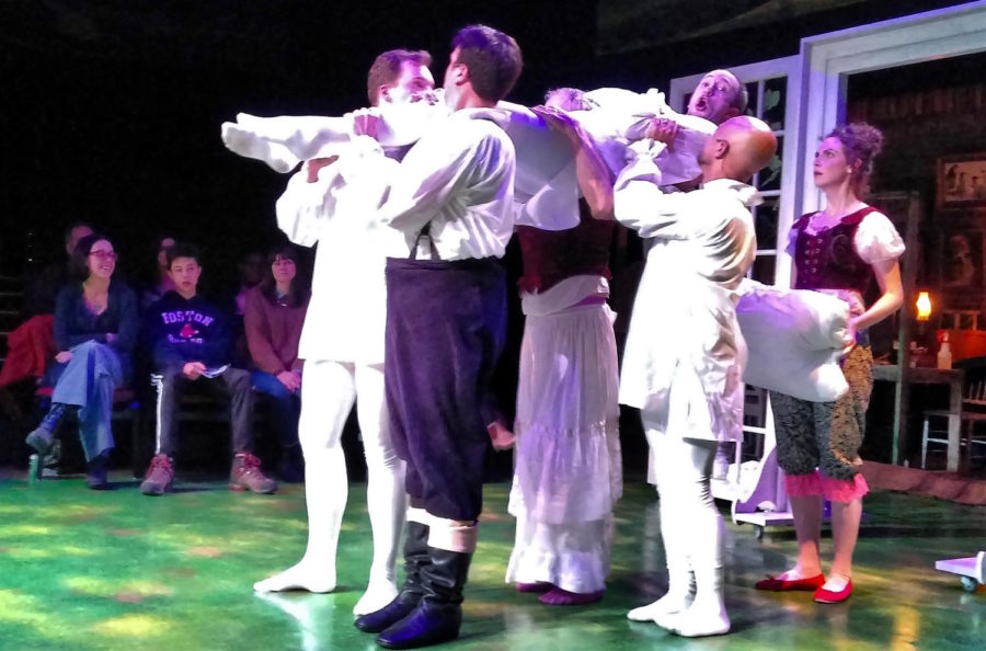 Cast members lift James Patrick Nelson during a dress rehearsal of Bedlams Sense and Sensibility at the American Repertory Theater in Cambridge, Mass., on Dec. 9, 2017.