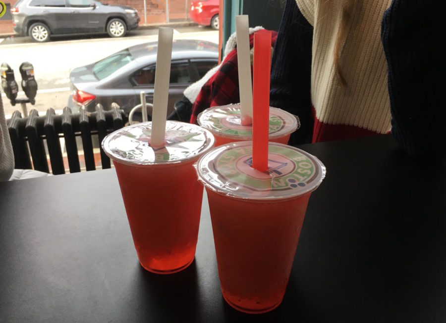 Three+raspberry+teas+with+strawberry+popping+boba+at+Boston+Tea+Stop+in+Harvard+Square.