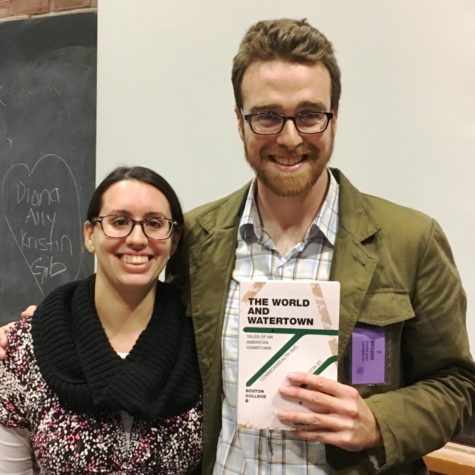 Author, educator, and Watertown High alum Greg Beach (right) poses with WHS English teacher (and classmate) Jessica DePamphilis during his Nov. 21, 2017, visit to his alma mater.