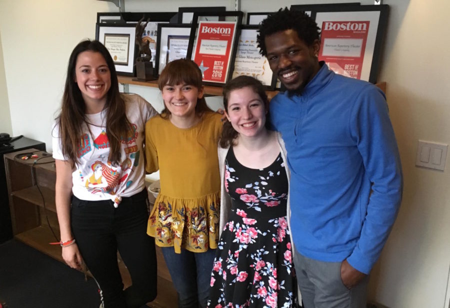 Kelsey Orem (left) and Yeman Josiah Brown (right), swings for Jagged Little Pill, pose with student reporters following a recent interview at American Repertory Theater.