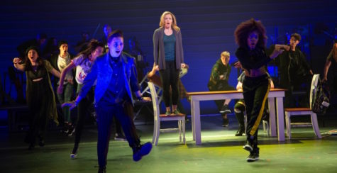 Elizabeth Stanley as Mary Jane Healy (center) and the chorus perform a song from Jagged Little Pill at American Repertory Theater. 