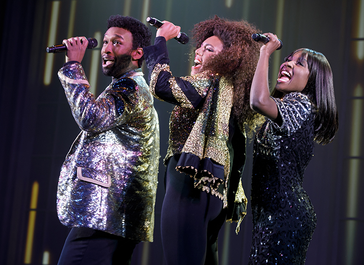 From left) Donald Webber Jr. as BeBe Winans, Liisi LaFontaine as Whitney Houston, and Loren Lott as CeCe Winans in “Born For This” at Emerson Cutler Majestic Theatre through July 15, 2018.