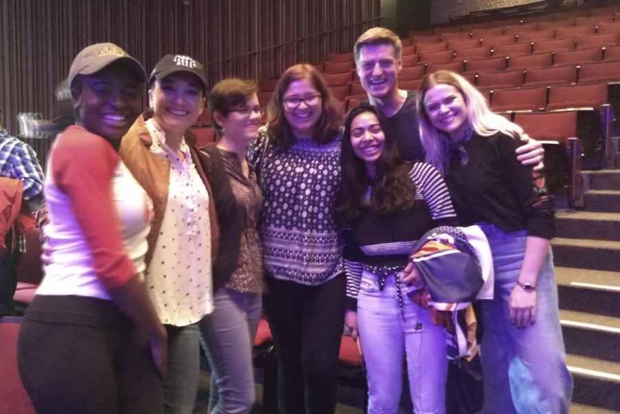Some cast members of Jagged Little Pill -- Celia Gooding (left), Kathryn Gallagher (second from left), Sean Allan Krill (second from right), and Jane Bruce (right) -- pose with Raider Times reporters following a June 6, 2018, matinee performance at the American Repertory Theater in Cambridge.