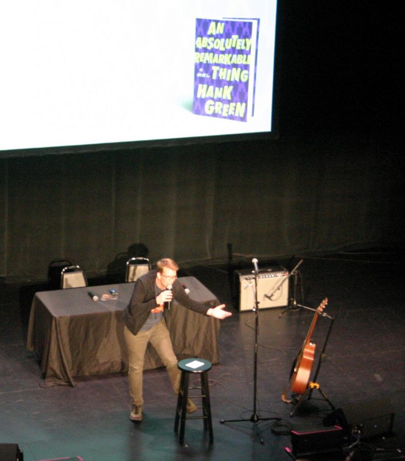 Hank Green on stage at Bostons Wilbur Theatre on Sept. 26, 2018, as part of the promotional tour for his debut book, An Absolutely Remarkable Thing.
